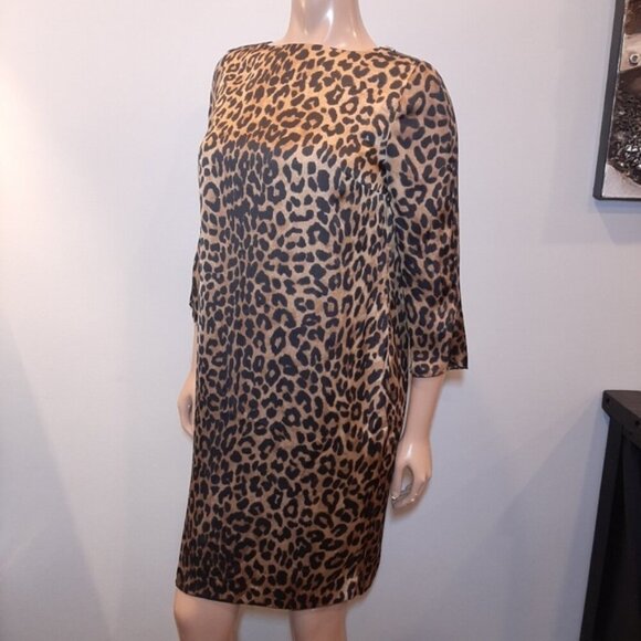 Jones New York Leopard Shift Dress Silky 3/4 Sleeve Zip Shoulder Womens Size 6 - Picture 4 of 12